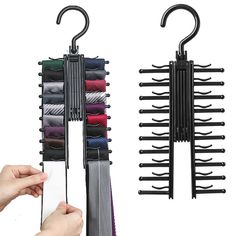 a person holding a tie rack with several ties hanging from it's sides and another hand reaching for the hanger