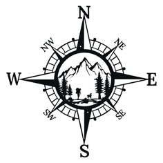 a black and white compass with mountains in the background, as well as letters that spell out s