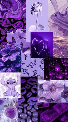 purple and black collage with hearts, flowers, butterflies, and other things in it