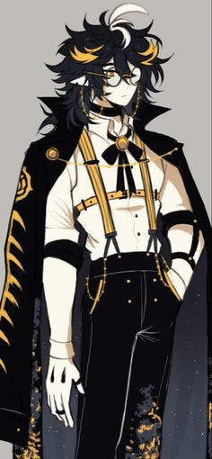 an anime character with long black hair wearing a white shirt and gold trimmings