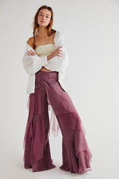 Stunning and ethereal, these so special pants are featured in a fluttery, tiered silhouette with lace piecing at the waistband and multilayered tulle design for added shape.* High-rise fit* Hidden side zip closure* Semi-sheer detailing Printed Blouses, Chiffon Pants, Fairy Clothes, Boho Pants, Flowy Pants, Boho Clothing, Boho Outfits, Fashion Inspo Outfits, Side Zip