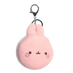 a pink stuffed animal keychain hanging from a black metal hook on a white background