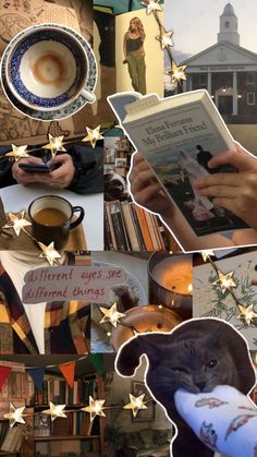 collage of photos with coffee, books and stars