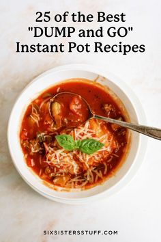 instant pot ravioli lasagna soup in a white bowl with a spoon on the side