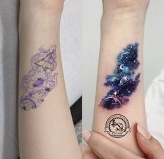 two wrist tattoos with stars and planets on each arm, one is blue and the other is purple