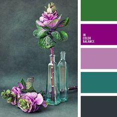 purple and green color scheme with flowers in vases