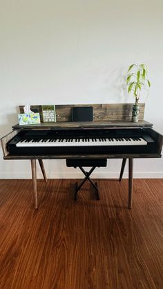 a black piano sitting on top of a wooden floor next to a potted plant