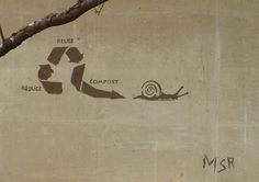 graffiti on the side of a building depicts a snail, tree and recyclement