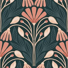 an art nouveau style wallpaper with pink flowers and leaves on dark blue background,