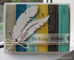 a birthday card with a feather on it and a ribbon tied around the edge that says, birthday wishes