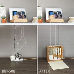 four different stages of making a mobile phone stand with wires and cords attached to it