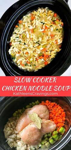 slow cooker chicken noodle soup with carrots and celery in it