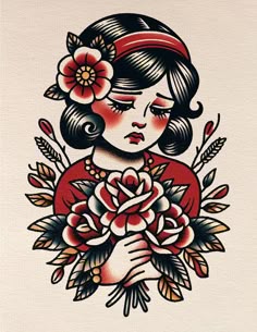 a drawing of a woman with flowers on her head holding a flower in her hand