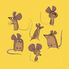 cartoon mouses with different facial expressions on their faces and ears, all in various poses