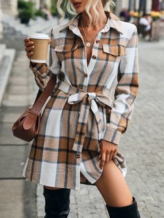 Multicolor Casual  Long Sleeve Polyester Plaid Shirt Embellished Non-Stretch Fall/Winter Women Dresses Flannel Clothing, Dresses Short Casual, Plaid Outerwear, Autumn Look, Long Coat Women, Plaid Dress Shirt, Belted Shirt Dress, Plaid Coat, Short Kimono