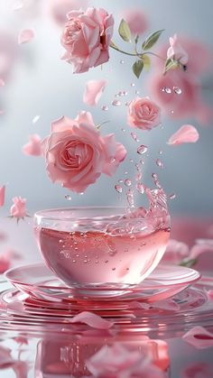 pink roses floating in a glass bowl with water on the bottom and petals flying out