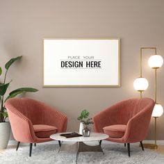 two chairs and a coffee table in a room with a large poster on the wall