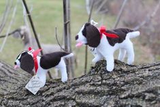 two small stuffed dogs on top of a tree