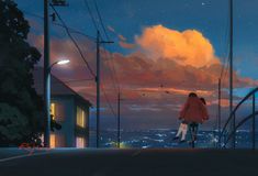 two people walking down a street at night with clouds in the sky and buildings on either side