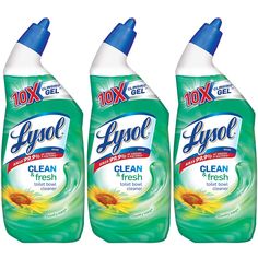 three bottles of lysol clean fresh dishwasher detergents on a white background