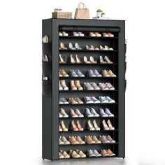 a large shoe rack with many pairs of shoes