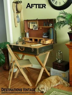 an old fashioned suitcase sitting on top of a wooden table next to a potted plant