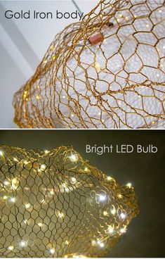 two pictures showing different types of light bulbs in mesh bags and the same one with lights on them