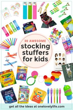 an advertisement for children's stocking stuff with the words, 30 awesome stocking stuff