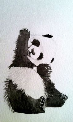 a black and white drawing of a panda bear sitting on its hind legs with his paws in the air