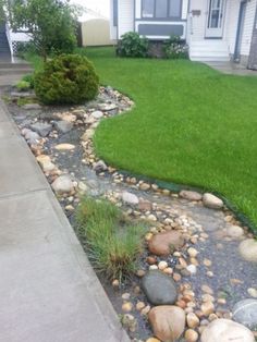 a house with grass and rocks in the front yard, next to a sidewalk that leads to a driveway