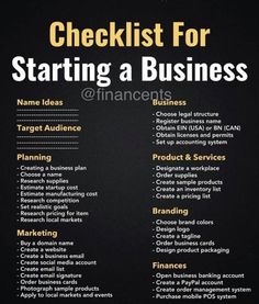 a checklist for starting a business on a black background with the words finance written below it