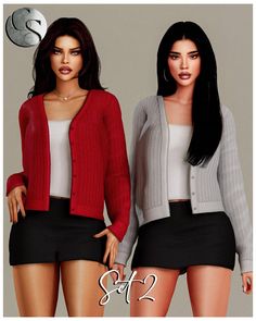 two women in short skirts and sweaters are posing for the camera, one is wearing a red cardigan