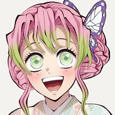 a girl with pink hair and green eyes has a butterfly on her head as she smiles