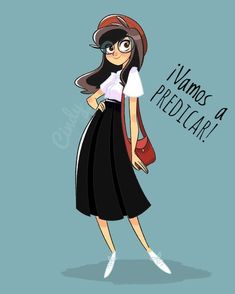 a cartoon girl with long hair and glasses wearing a white shirt, black skirt and red purse