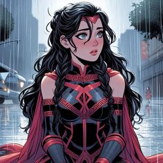 a woman with long black hair and red cape sitting on the ground in the rain