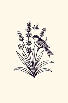 a bird sitting on top of a plant next to some leaves and flowers in black ink