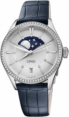 Oris Artelier Grande Lune, Date Diamonds 76377234951LS-Blue Item #: 76377234951LS-BLUE Crocodile Leather, Swiss Watches, Moon Phases, Automatic Watch, Luxury Watch, Luxury Watches