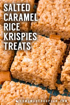 salted caramel rice krispies treats on a cooling rack with text overlay