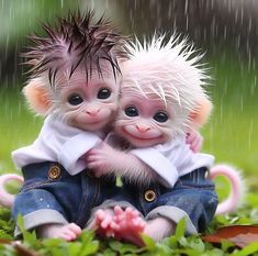 two small monkeys sitting next to each other on top of green grass with rain falling down