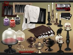 a collection of halloween items including candles, skulls and other objects are shown in this image