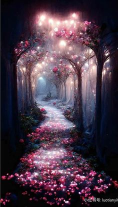 an image of a pathway that is lit up with lights and flowers on the ground