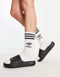 Shoes by adidas Originals Ready, set, summer Slip-on style Wide strap Open toe Chunky sole Wide Straps, Sliders, Adidas Originals, Open Toe, Black Fashion, Asos, Slip On, Adidas, Black