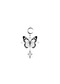 a black and white image of a butterfly with the moon in the sky behind it