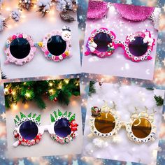 four different styles of sunglasses with christmas decorations on them and snowflakes in the background