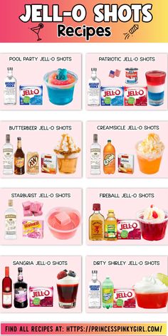 the ingredients for jello shots are shown in this poster