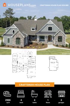 the craftsman house plan is shown in this brochure, with information about it