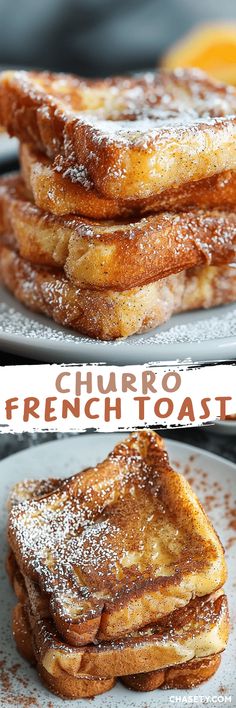 french toast stacked on top of each other with powdered sugar