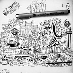 a black and white drawing of a city map with lots of doodles on it