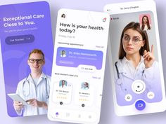 two medical app screens with doctors on them