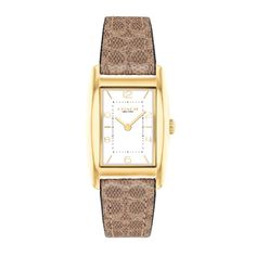 A distinctive and stately design, the minimalist ladies' Reese watch is an elevated choice for everyday wear. White satin dial with black numerical and stick markers 24.0mm rectangular gold-toned ion-plated stainless steel case with mineral crystal Japanese quartz movement Patterned brown leather strap; buckle clasp Water-resistant to 30 meters We are an authorized Coach dealer Formal Rectangular Watch Accessories, Timeless Rectangular Watch With Adjustable Fit, Chic Formal Watch With Rectangular Dial, Chic Formal Watches With Rectangular Dial, Chic Formal Watch With Metal Dial, Chic Formal Watches With Metal Dial, Timeless Adjustable Rectangular Watch, Classic Watch With Leather Strap And Rectangular Dial, Rectangular Leather Watch For Anniversary